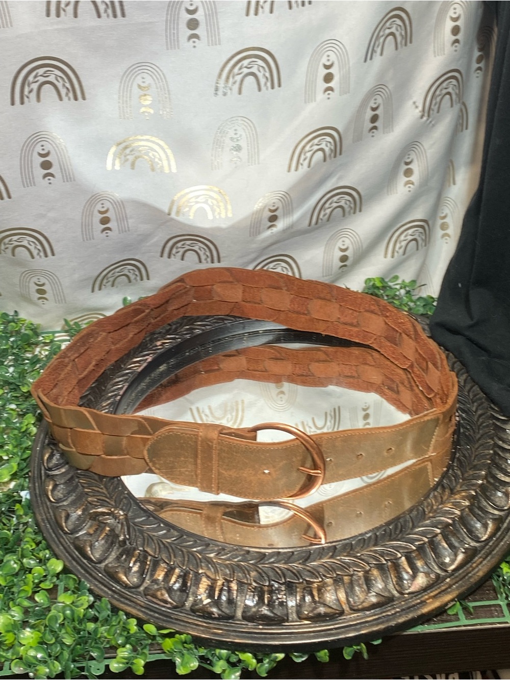Hollister Woven Tan Leather Belt with Round Buckle